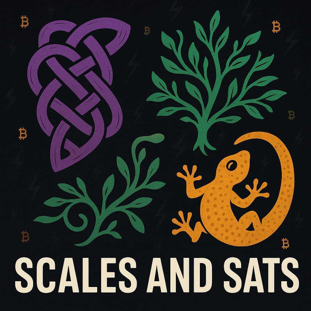 Episode 2: Scales and Sats — purple knot, green bramble, and Gus the gecko with Bitcoin lightning