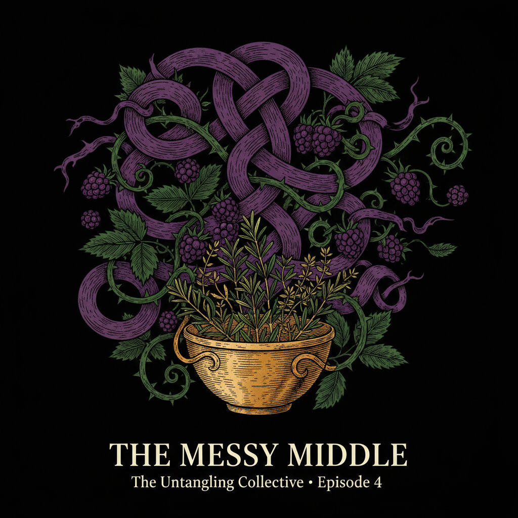 Episode 4: The Messy Middle — Celtic knotwork with golden mixing bowl, bramble vines, and purple knot